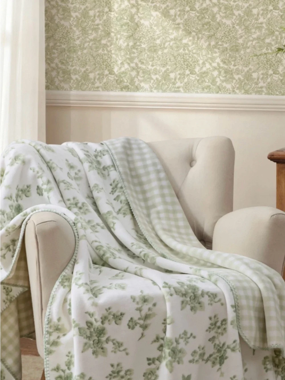 SAGE FLORAL GINGHAM Laura Ashley Reversible Throw Blanket ~ Cottage Shabby